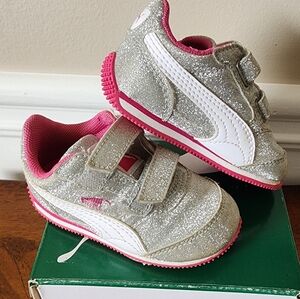 Puma Kids Silver Glitter Sneakers with Pink Trim